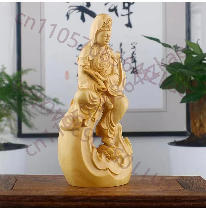 

Natural Cypress Guanyin Decorative Figures Statue Solid Wood Carved Chinese Buddha Statues Home Room Office Feng Shui Art Statue