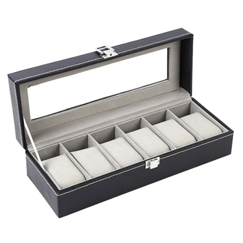 Gorgeous 6 Slot PU Leather Watch Box Display Holder Watch Jewelry Storage Box with Glass Lid More Fast to Find Treasure