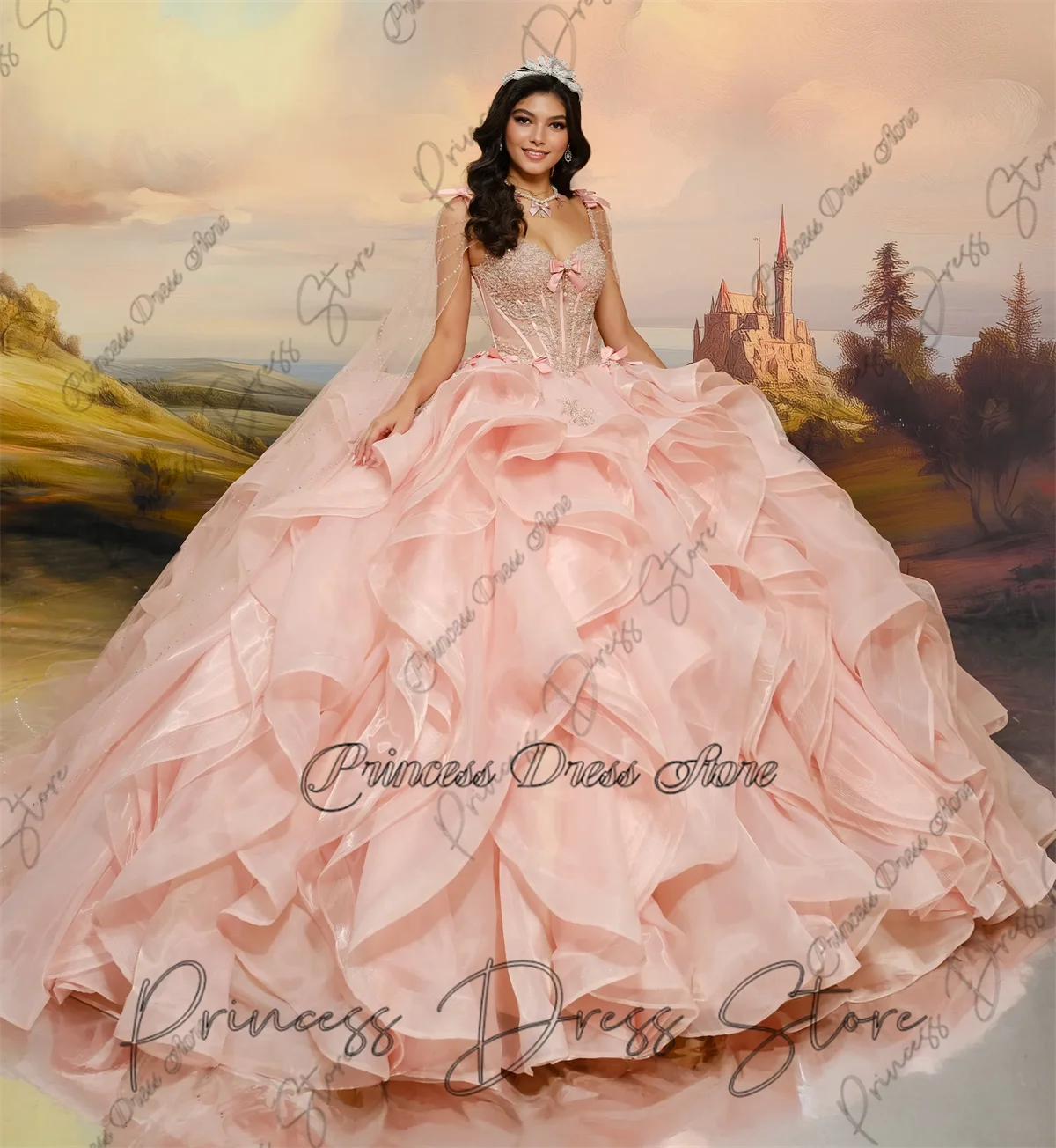 

Princess Quinceanera Dresses Tiered Ruffles Bead Crystals 16th Birthday Party Prom Gown Lace-Up Style Ball Gown Customized