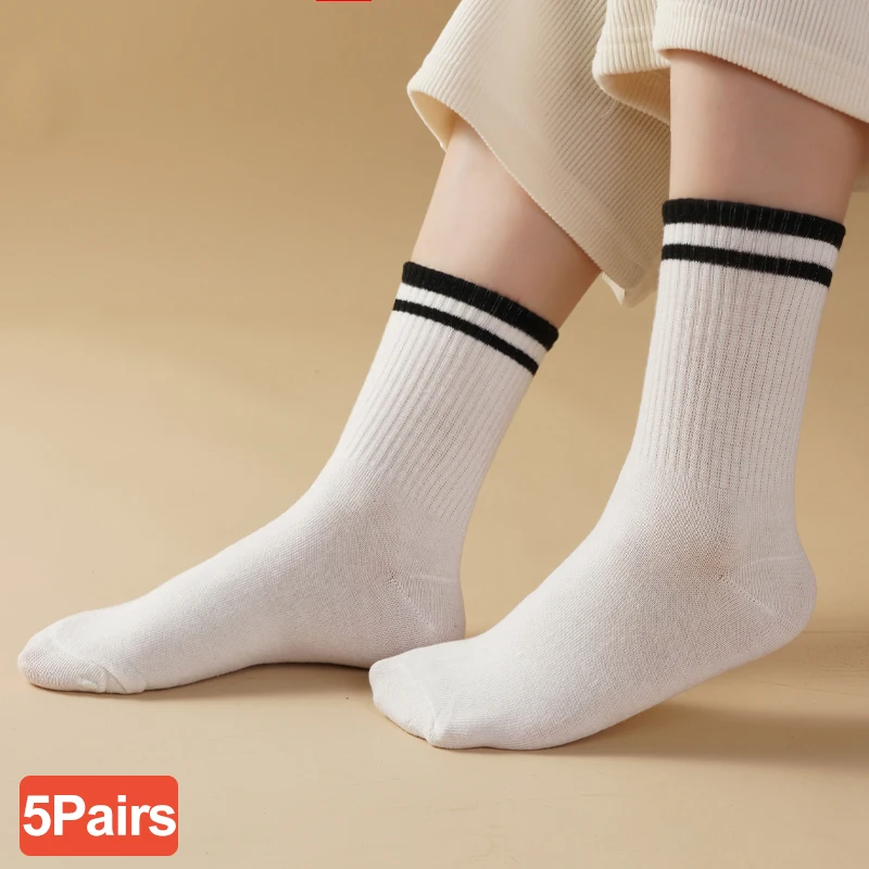 5 Pairs Women's Black Middle Tube Socks Cotton Spring Autumn Japanense Style Solid Color Casual Sock Female Breathable Socks