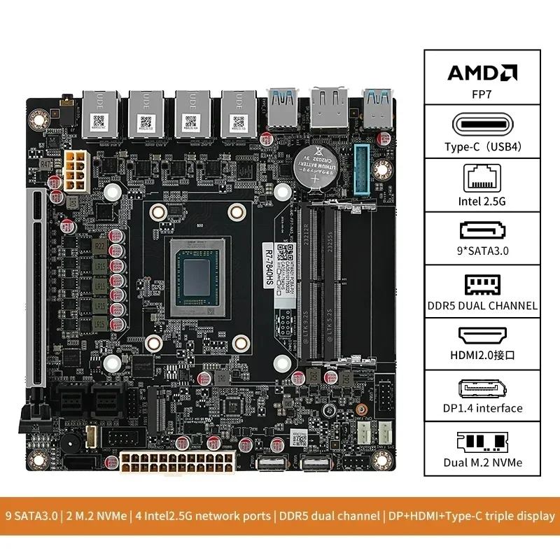 Placa base NAS 4xi226-V 2,5G de 9 bahías AMD Ryzen 7 8845HS USB 9xSATA3.0 2xM.2 NVMe PCIE X16 2xDDR5 Mini ITX Firewall VPN placa base