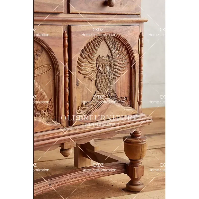 American Country Solid Wood Carved Flower TV Cabinet French Retro Hand Carved Animal Side Cabinet Entrance Storage Console