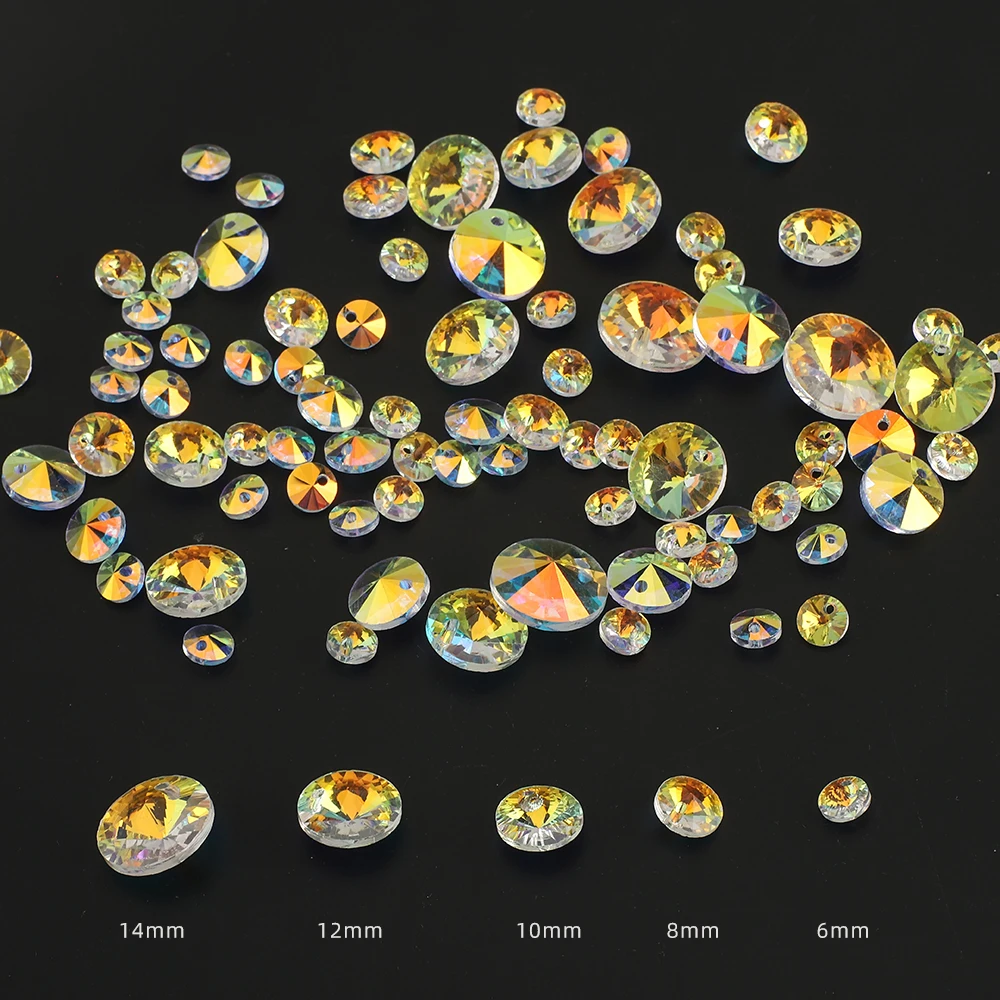 Shiny AB Assorted Size 6mm-14mm Rivoli Crystal Beads Pointed Back Round Glass Fancy Stones for Jewelry Making Necklaces Earrings