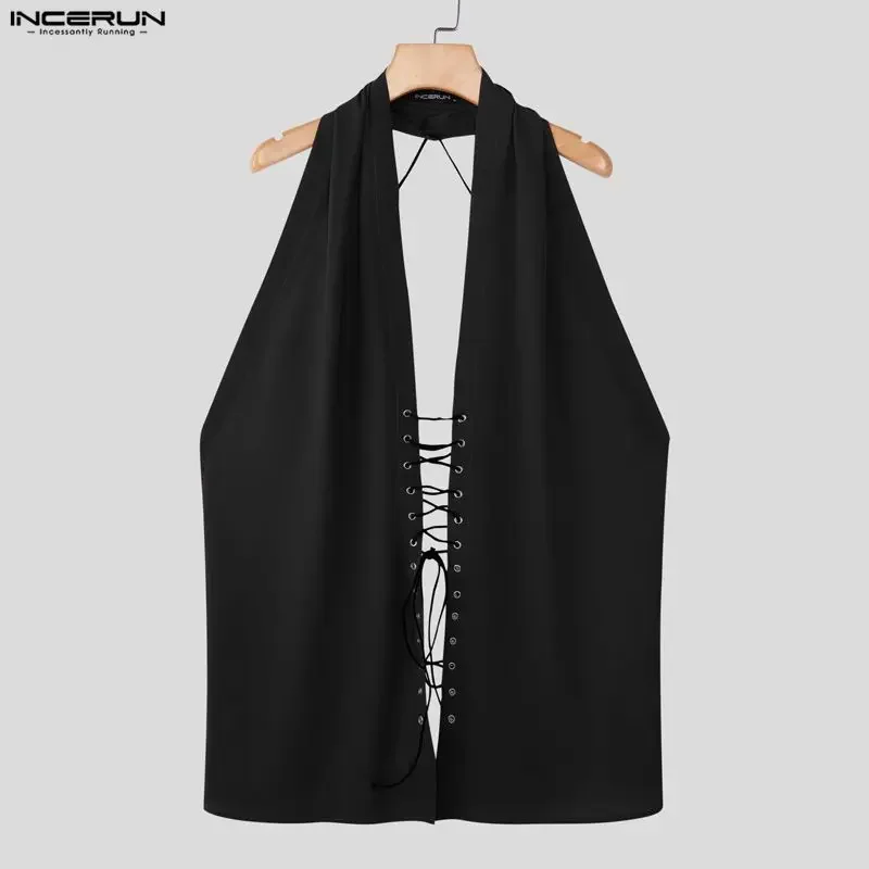 INCERUN Men Tank Tops Solid Color Sleeveless Backless Lace Up Male Vests Summer Tops Sexy 2026 Streetwear Fashion Men Clothing
