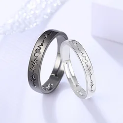 2Pcs Love Heart Electrocardiogram Couple Open Rings For Women Men Lover Black Silver Color Engagement Wedding Valentine'Day Gift