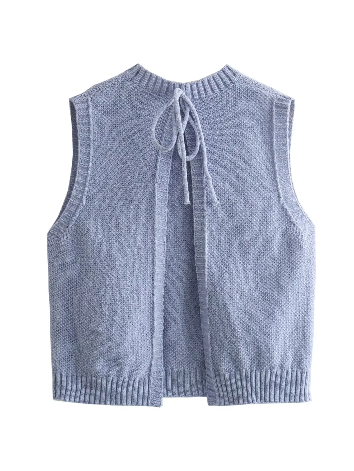 Plus Size Women's Clothing Knitted Vest Crew Neck Sleeveless Crop Top Back Slit With Bow Tie For Spring Summer Bust 106-116CM