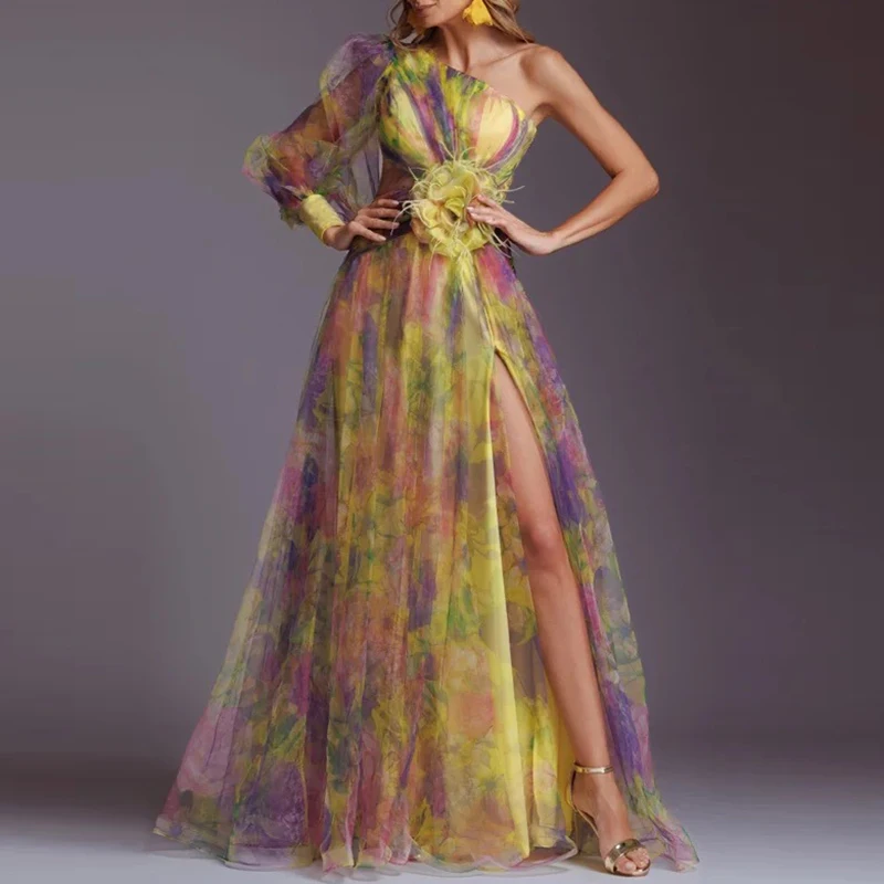 Spring Summer New Mesh Evening Dress Vintage Pattern Printed High Waisted Long Dress New One Shoulder Pleat Banquet Swing Dress