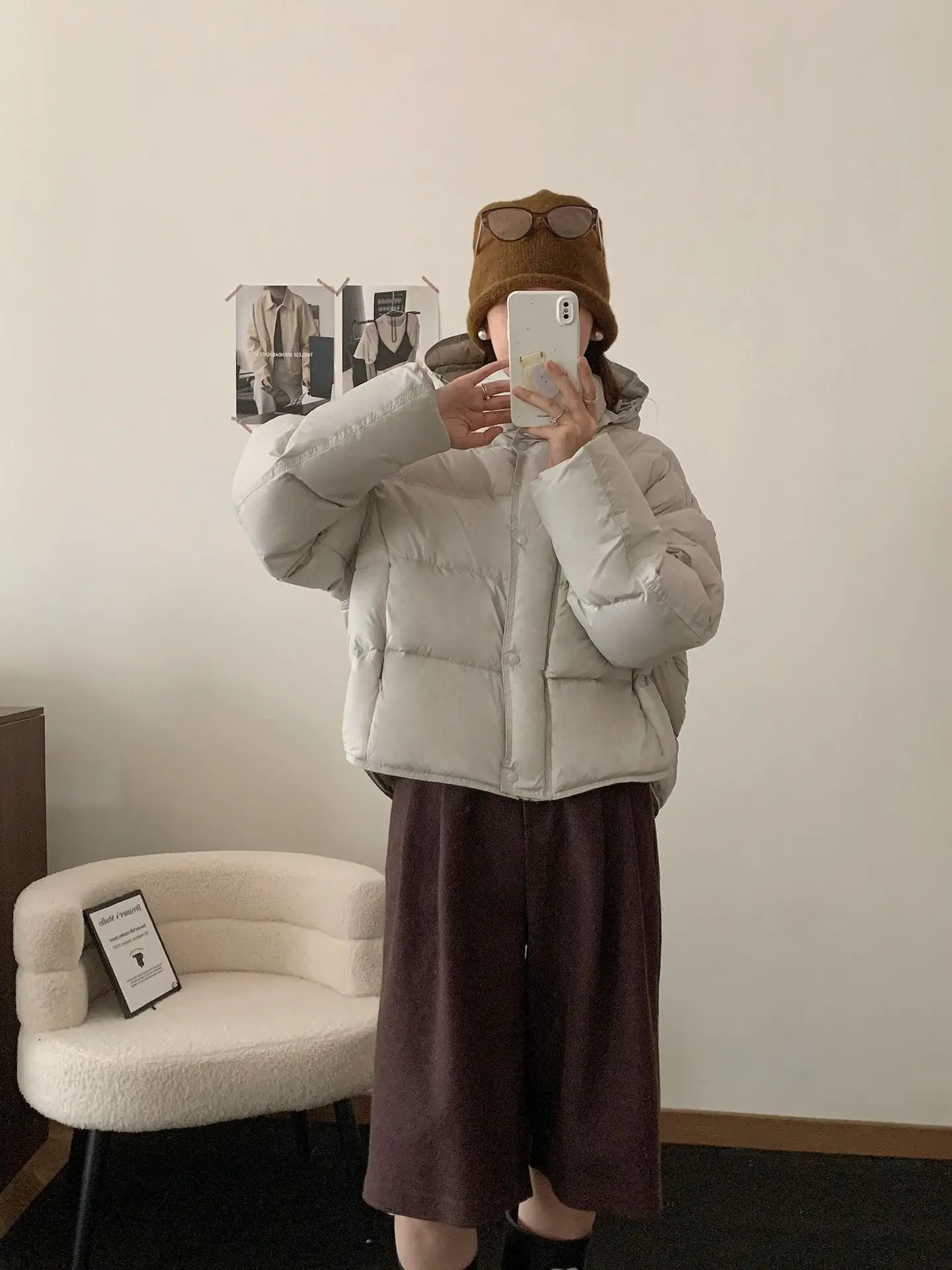 Korean Cropped Hooded Down Jacket for Women Winter Thickened White Duck Down Coats Woman Solid Color All Match Puffer Jackets