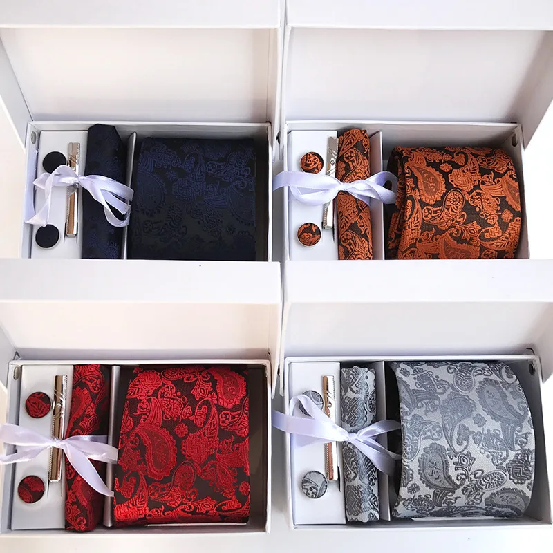 

14 Color Cashew Flower Shirt Accessories 6 Piece Set Neckties Square Scarf Cufflinks Tie Clip Packaging Box Gift Bag