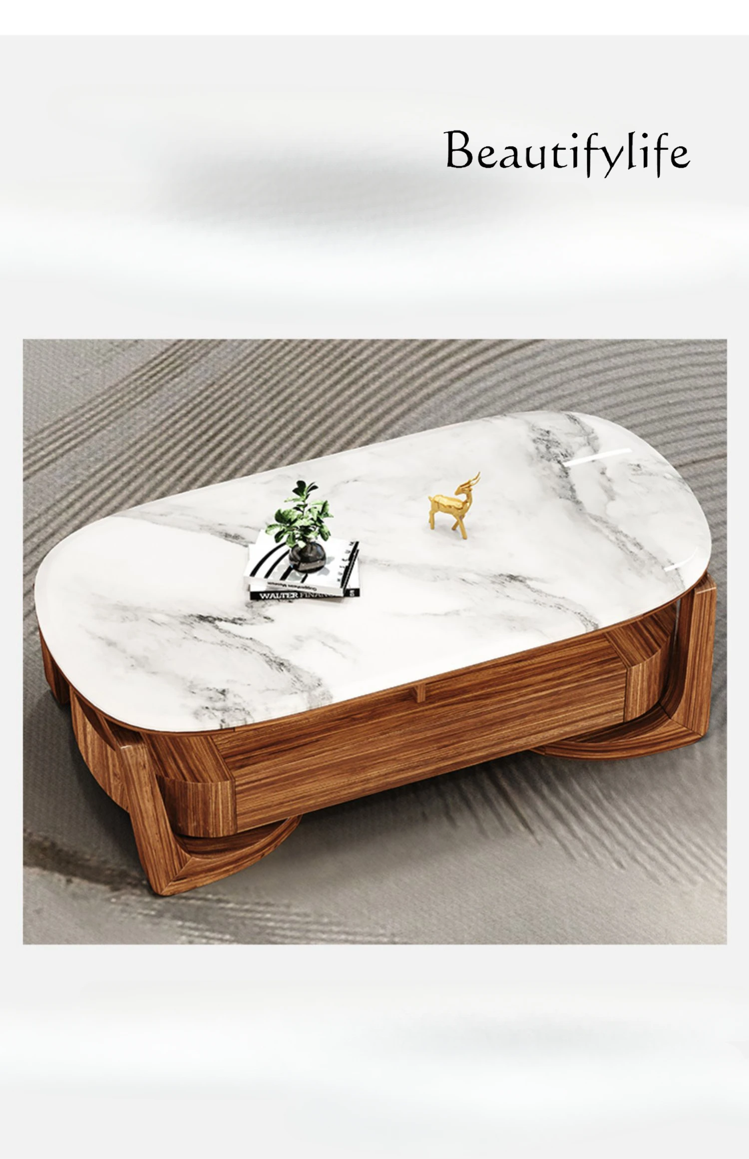 

Modern Minimalist Ugyen Wood Natural Marble Oval Storage Tea Table New Chinese Solid Wood