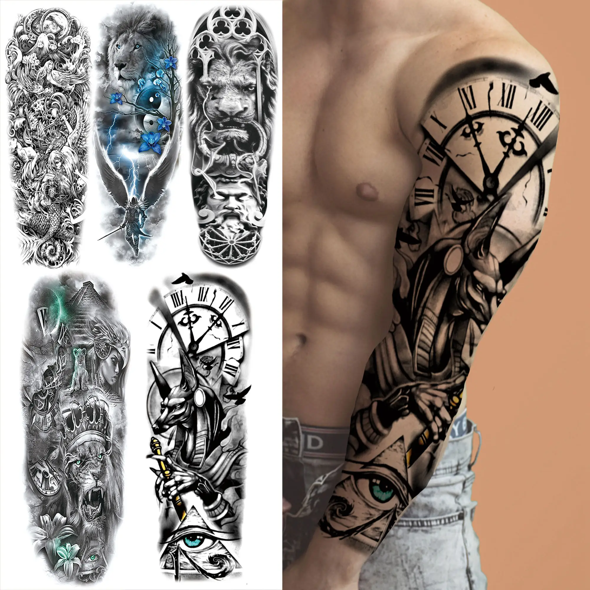 

Large Compass Wolf Head Eye Sleeves Temporary Tattoos For Men Women Fake Lion God Feather Tattoo Full Arm Tattoo Stickers