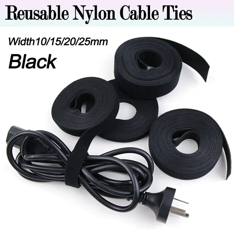 1/5Rolls 5M Black Reusable Cable Ties Width10/15/20/25mm  Double Side Hook and Loop Fastening Straps Cable Wire Management Tape