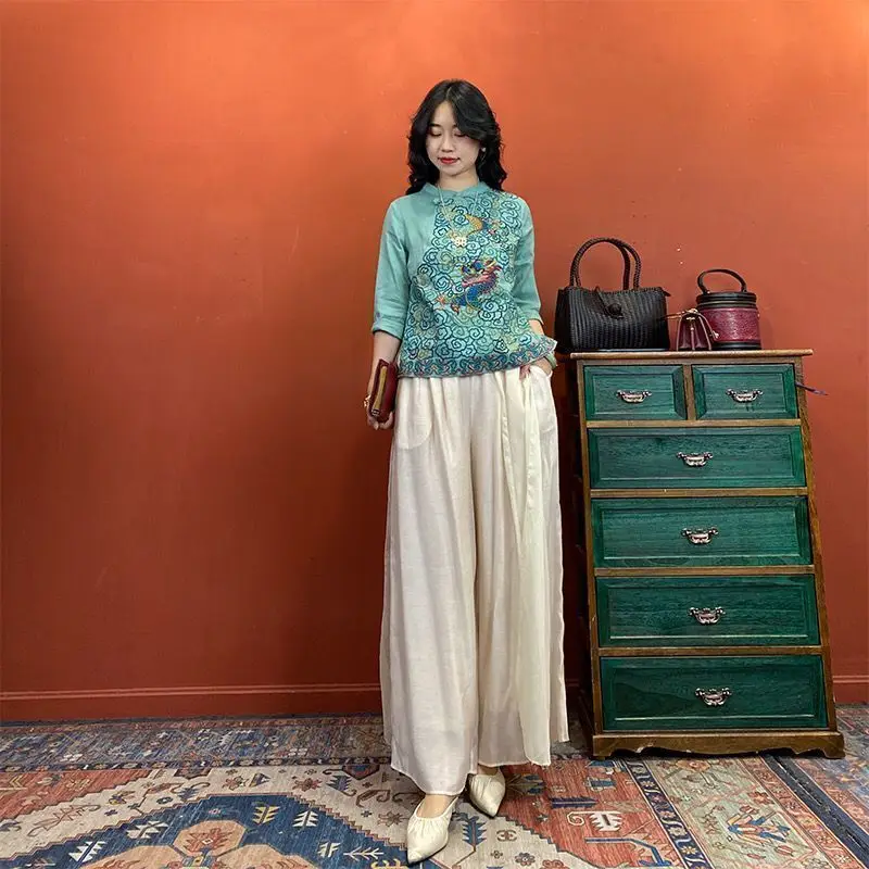 Women's Teal Linen Blouse 3/4 Sleeve Mandarin Collar Dragon Embroidery Chinese Style Top