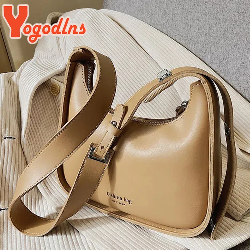 Yogodlns Vintage Half-moon Shoulder Bag For Women Soft Leather Underarm Bag New Crossbody Handbag Luxury Brands Armpit Bag