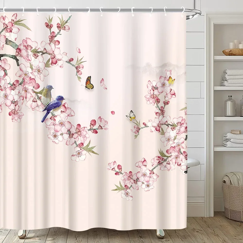 Pink Sakura Flowers Shower Curtains Japanese Cherry Blossoms Trees Floral Rustic Garden Landscape Fabric Print Bathroom Decor