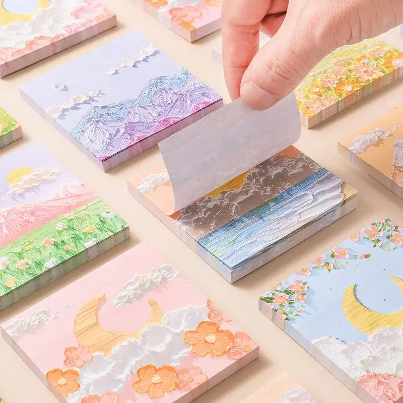 Ins Oil Painting Memo Pad Kawaii Sticky Notes Message Paper N Time Stickers Planner Jornal Decoration Stationery Office Supplies