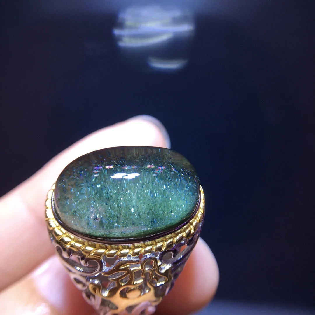 

Natural Green Phantom Adjustable Ring 18.8/11.8mm Men 925 Silver Bead Phantom Women Men Jewelry AAAAAA