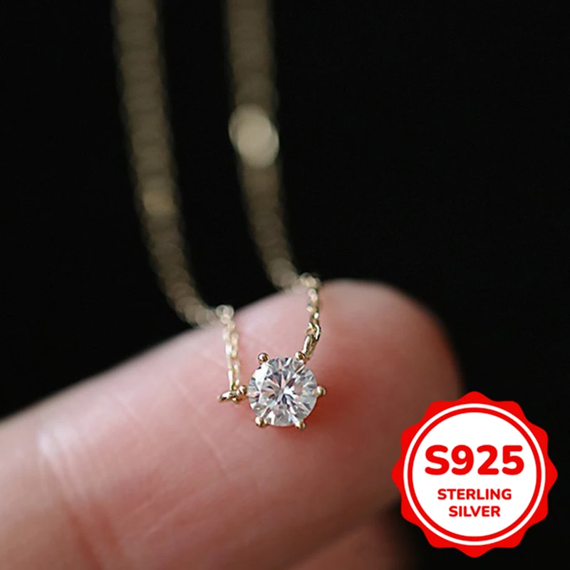

Exquisite S925 sterling silver 14K gold six-claw round clavicle chain women's Valentine's Day gift pendant necklace jewelry