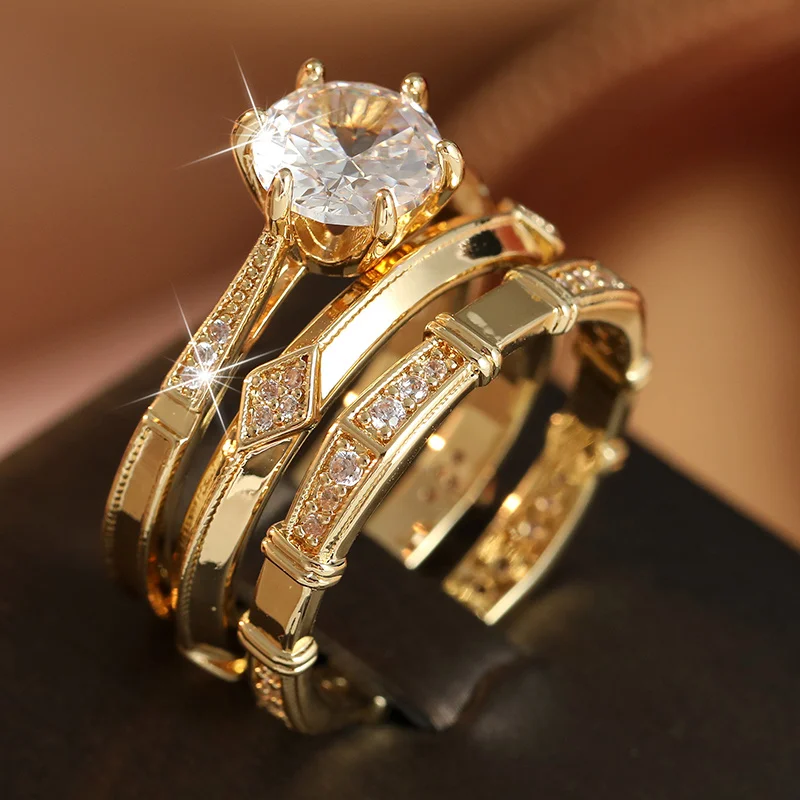 3pcs/set Women's Luxury Golden Plated Ring with Set Inlay Synthetic Zircon Shining Ring Daily Commuting Party Banquet Accessory