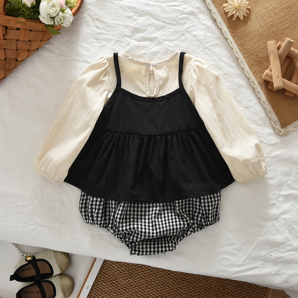 Koreanische Version Frühling und Herbst 1-5 Jahre Alte Schwestern Set Langarm Kariertes Kleid+Trägerweste Zweiteiliger Baby-Overall – Detail 10
