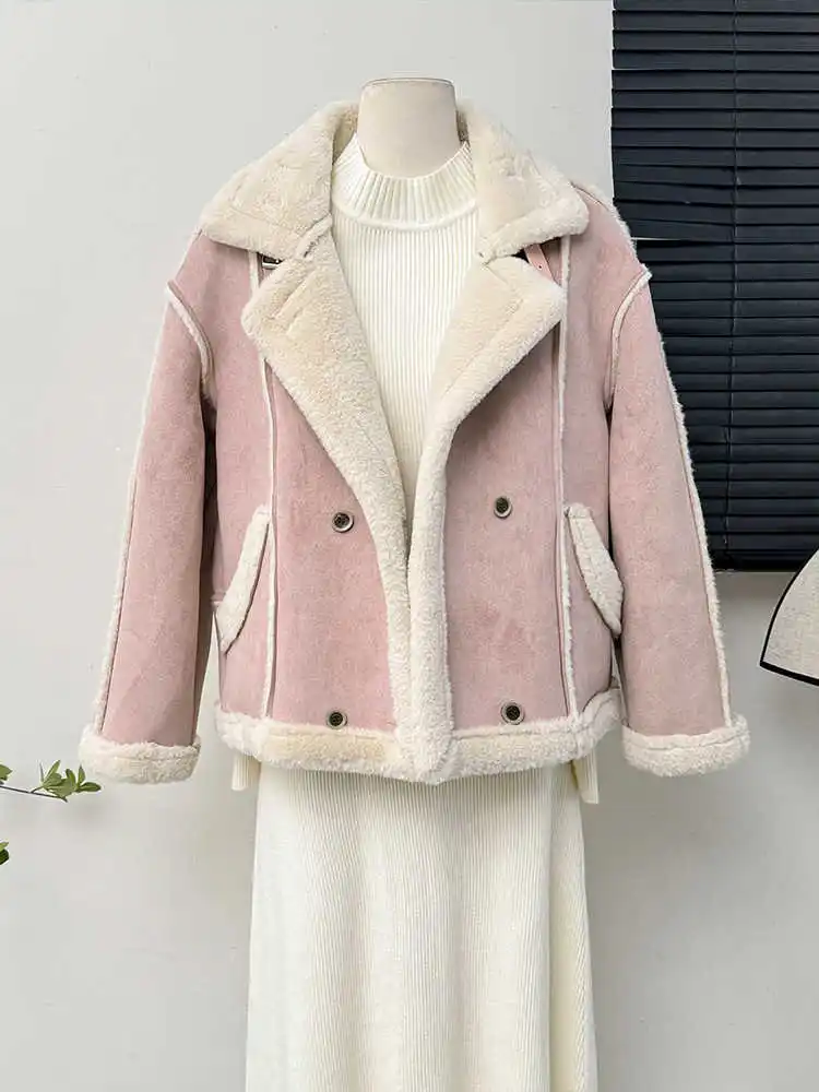 Women Winter Warm Lambswool Coats 2024 New Turn Down Collar Long Sleeve Thicken Outerwear Lady Fashion Jacket