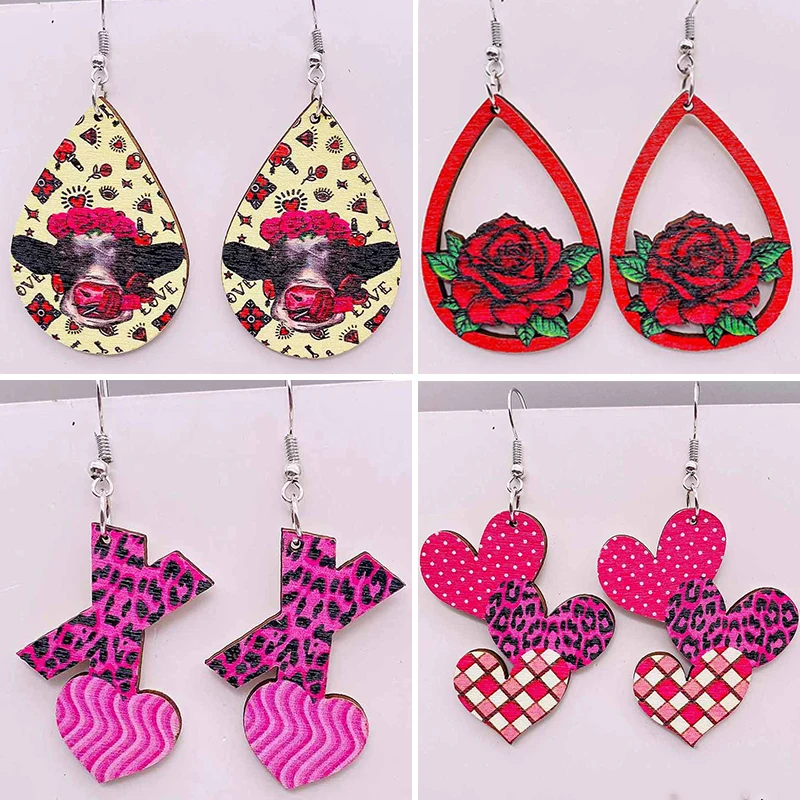 Pink Leopard Pattern Heart Splice Earrings Heart Truck Laser Plaid Heart Rose Ox Head Wooden Earrings Valentine's Day Gift