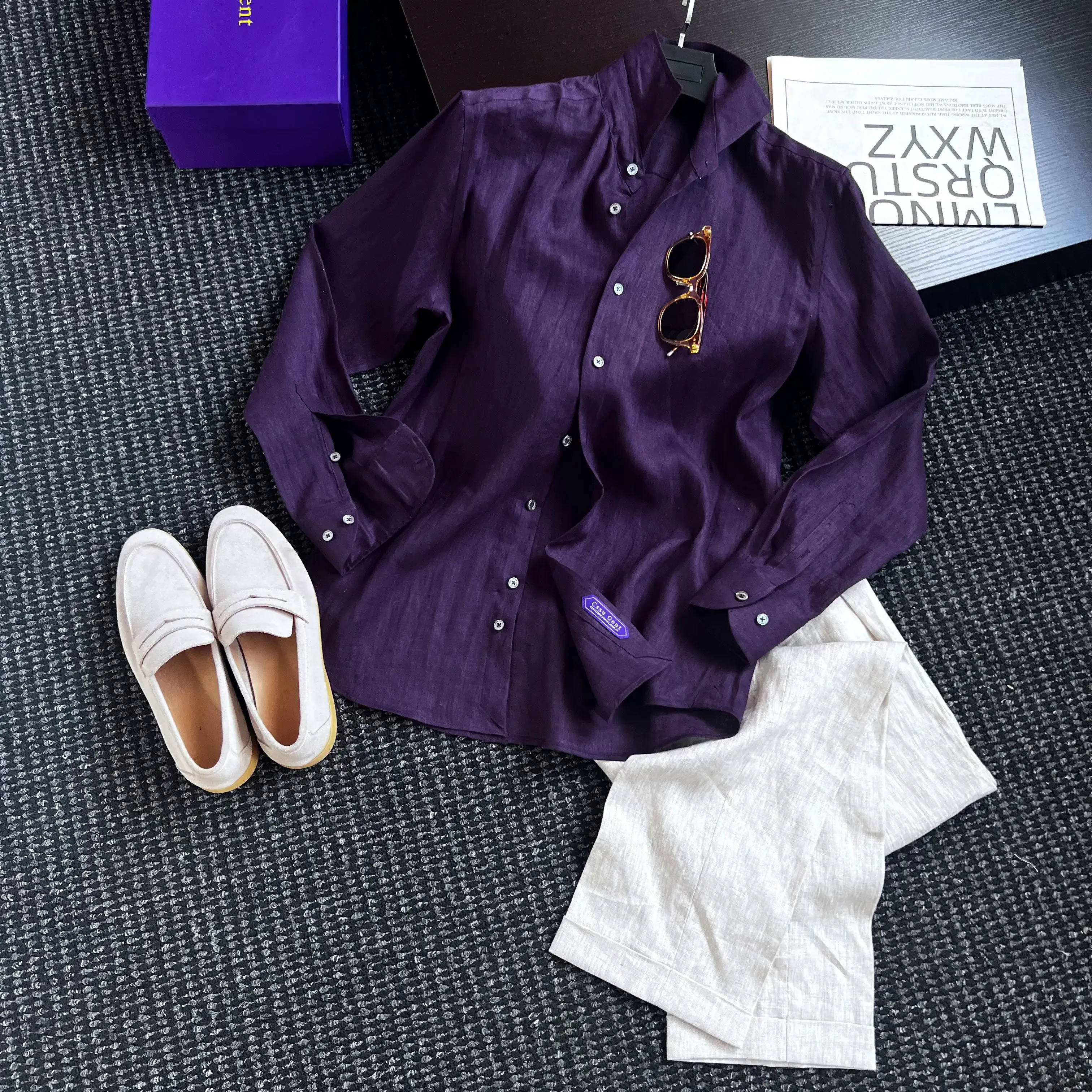 100% linen old money style extravagant purple long-sleeved shirt men's and gentlemen's shirts trendy