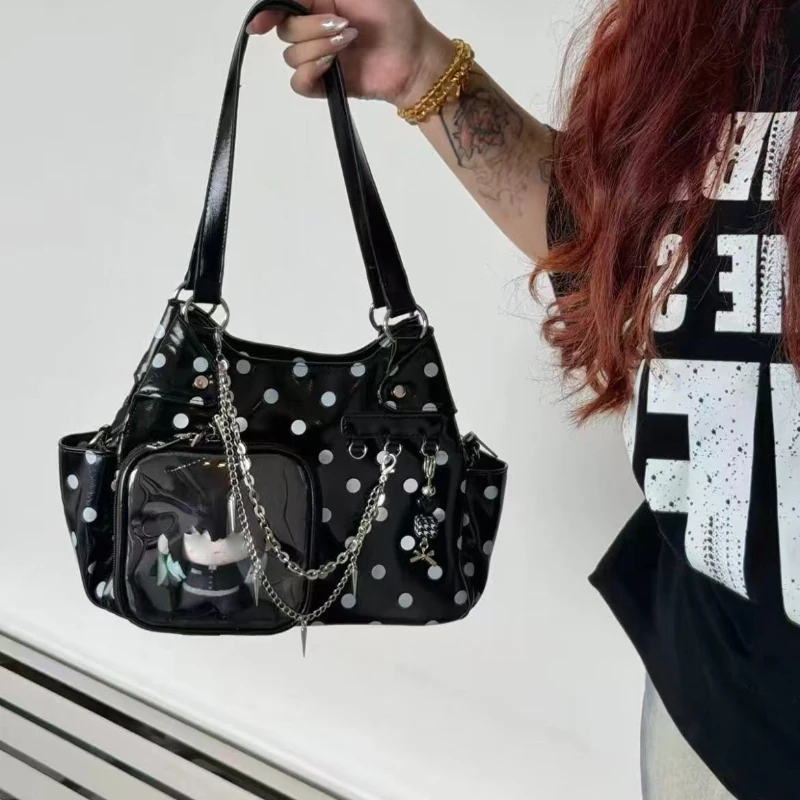 Y2k Fashion Girl Polka Dot Ita Bag Transparent Window Bow And Heart Pendant Decor Multi-compartment Pu Leather Crossbody Handbag