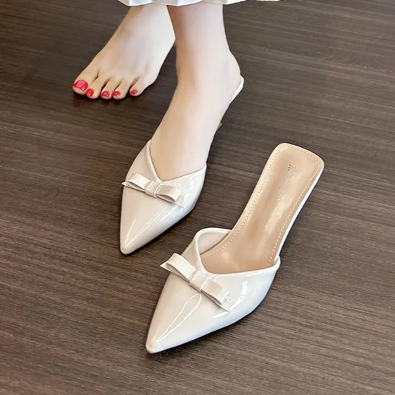 Sandalias de tacón alto para mujer, sandalias de charol de aguja 2025, verano al aire libre, sexy, con lazo, diseñador, punta cerrada, talla grande