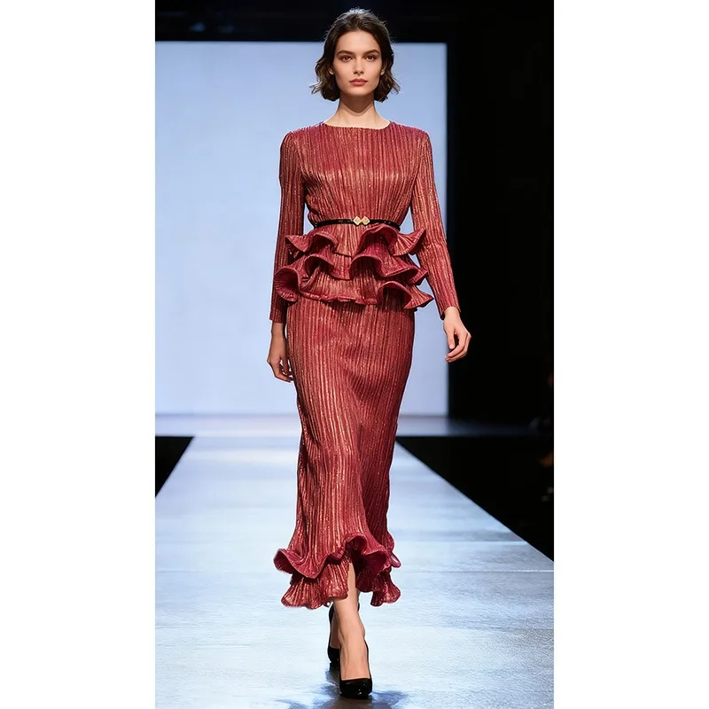 Set gonna a pieghe Miyake girocollo 2025 Nuovi pieghe Top e gonna alla moda Set da 2 pezzi Set premium dimagrante in vita definito da donna