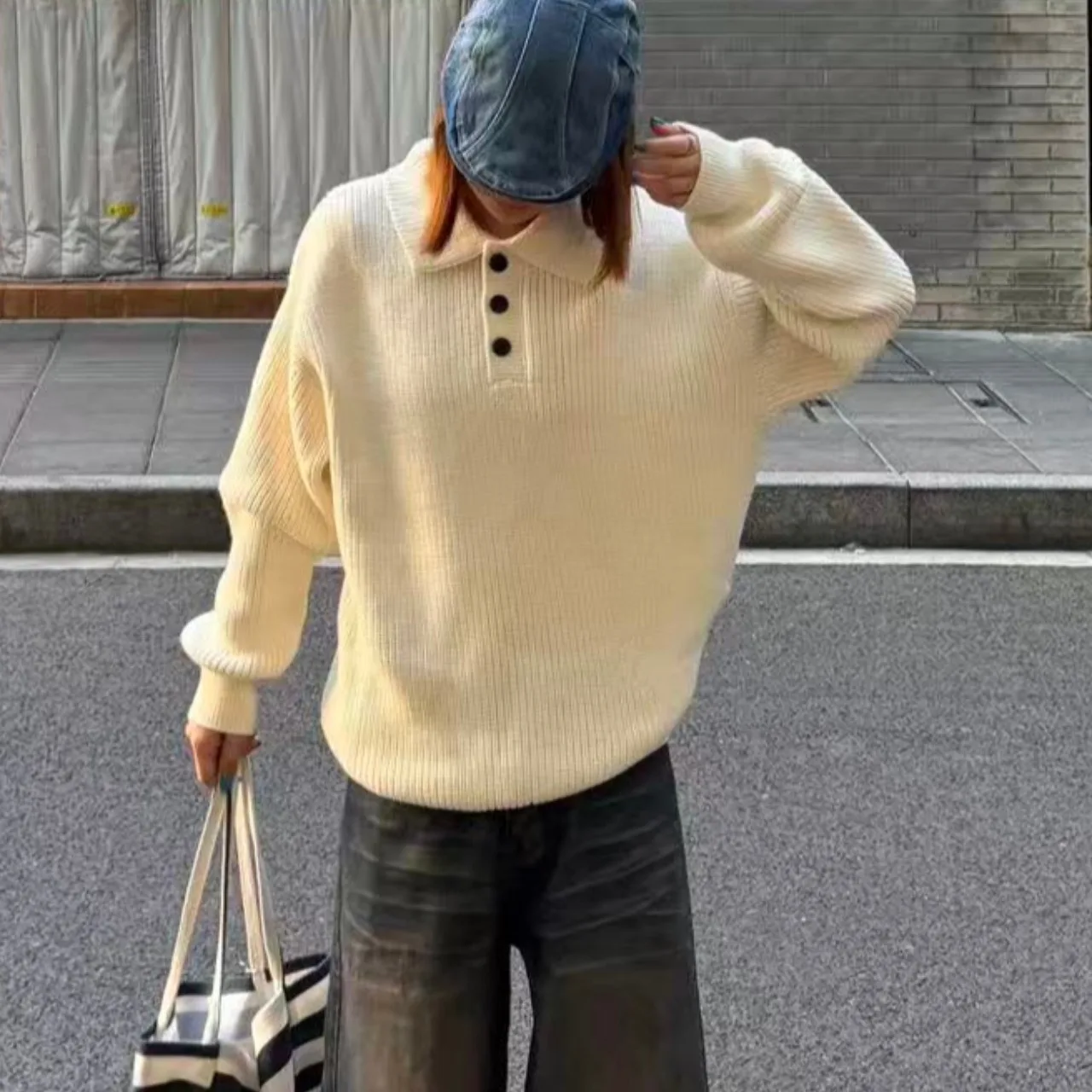 Suéter de punto elegante para mujer, prendas de vestir exteriores con sensación holgada y cuello, Faion coreano, Otoño Invierno, sensación de alta gama