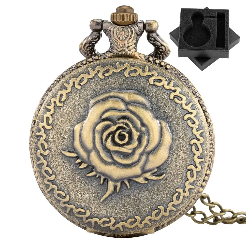 Romantic Retro Rose Flower Bronze Quartz Pocket Watch Women's Necklace Pendant Pocket Clock Gift Antique Stylish Timepiece