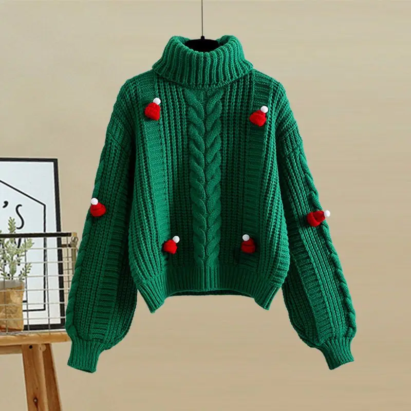 Spring Autumn Winter Women\'s Sweater Set Korean Lady Fashion Cute Christmas Hat Warm Knit Turtleneck Pullover Long Pants Outfits