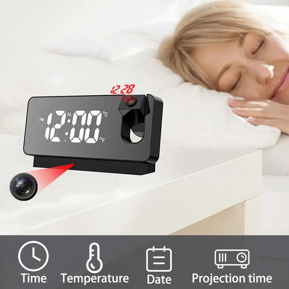 LED digital alarm clock with time, temperature, projection clock, miniature camera, home monitoring video, wireless WiFi