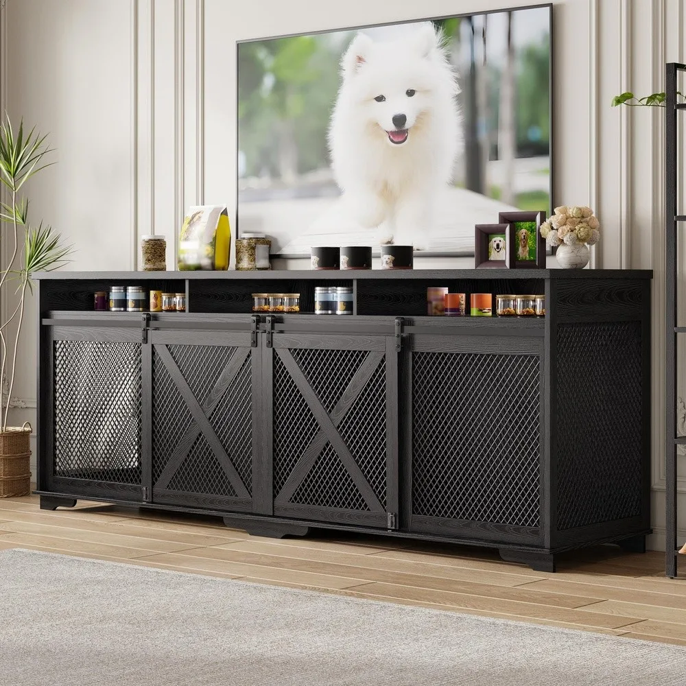 94.5'' XXXL Double Dog Crate Furniture Wooden Dog Furniture Crate Black