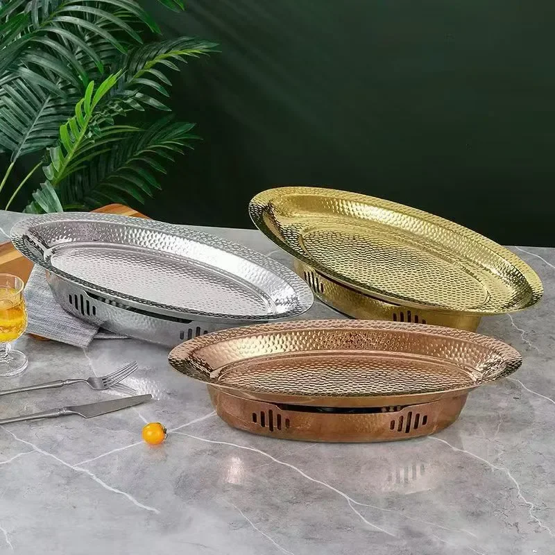 304 Stainless Steel Oval Grilled Fish Plate with Alcohol Burner Thermal Insulation Large Capacity Three Layer Hammered Design
