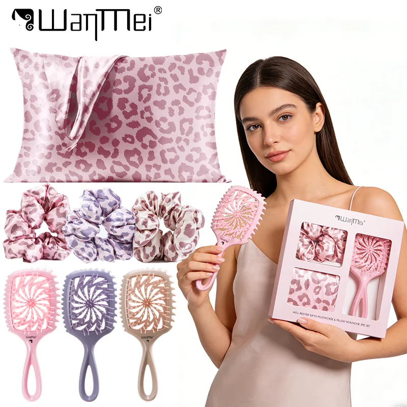 

3 шт., набор для ухода за волосами, наволочка с леопардовым принтом и бигуди, эластичная ветряная мельница, полая массажная расческа, инструменты для укладки волос, подарочная коробка
