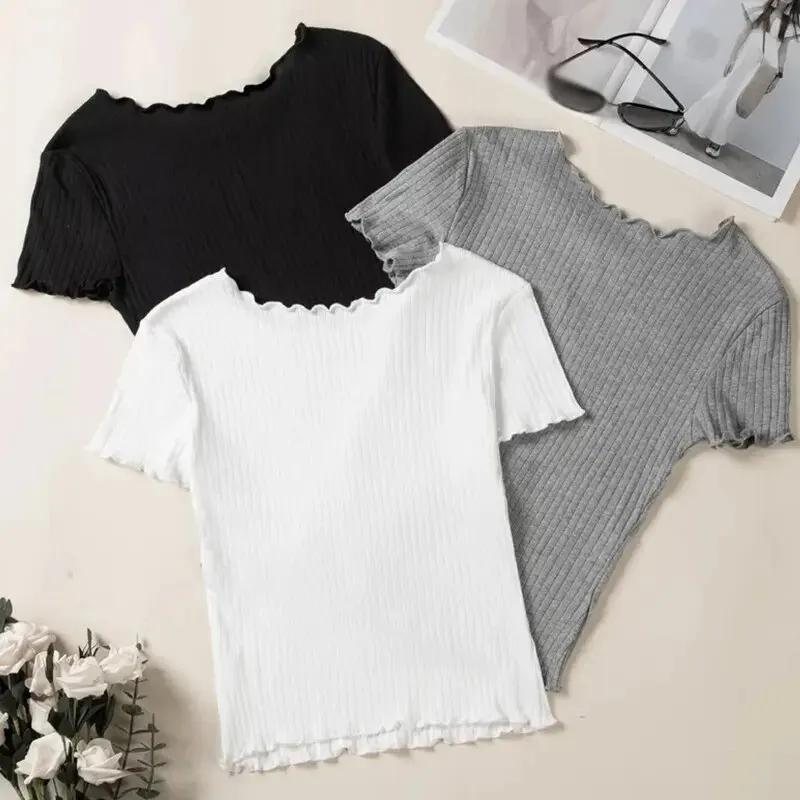 Women's Lettuce Trim Ribbed T-Shirt Knit Short Sleeve Crop Top Slim Fitted Vintage Wooden Ear Trim Slim Short Tee Spring Summer