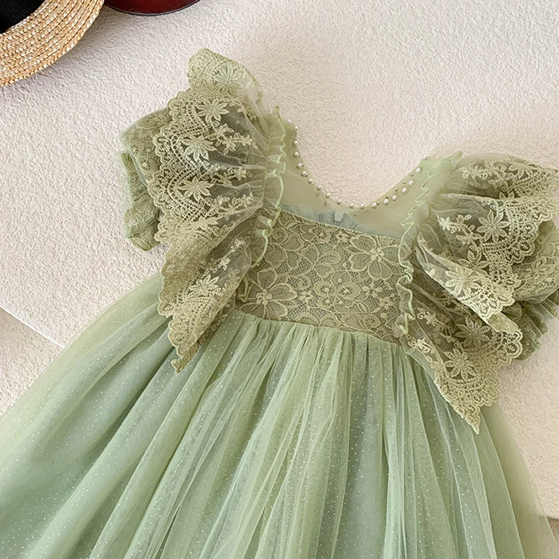 2-10Y Summer Girls Dress Lace Flower Binding Pearl Embellishments Puff Sleeve Princess Dresses For Girl Kids Party Mesh Clothes