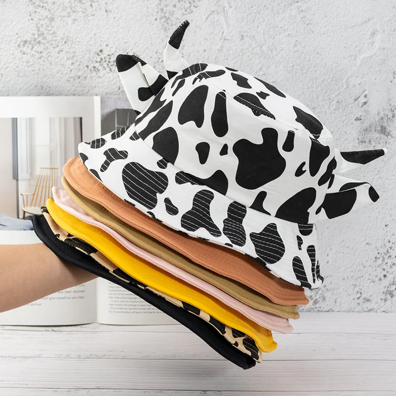 

New Horn Bucket Hats for Women Girls Fashion Cute Cow Pattern Panama Bob Men's Fisherman Sun Hat