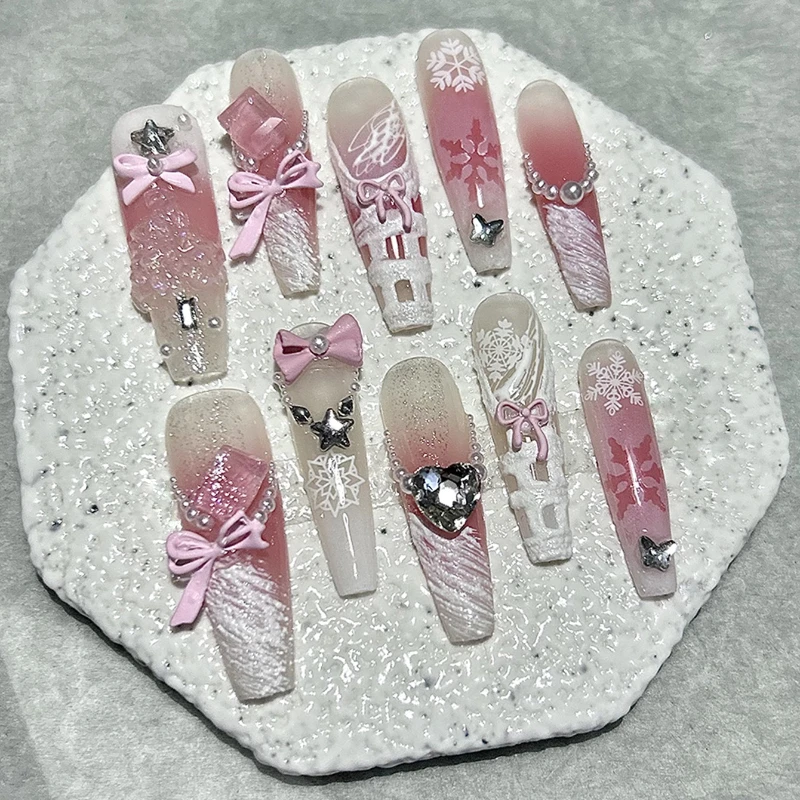 10 Pieces Cute Princess Pink Blush Bow Handmade Press On Nails Glitter Diamond Plaster Plaid Fake Nails Removable Reusable