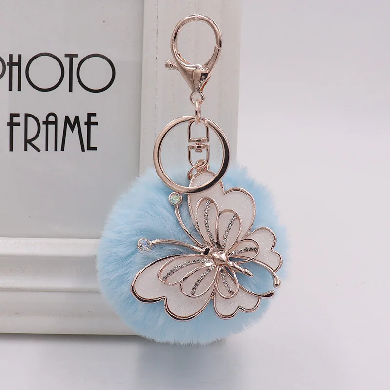 Fluffy Butterfly Plush Keychain Fashion Alloy Pendant Women Luxury Pompom Key Chain Accessories Bag Decoration Jewelry Gifts