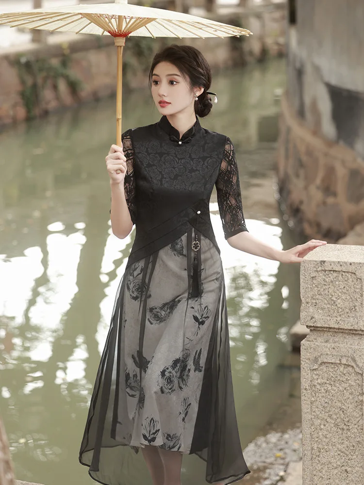 Traditional Elegant Chiffon Seven Points Sleeve A-Line Qipao Women Lace Aodal Cheongsam Retro Chinese Dress Hanfu Vestido