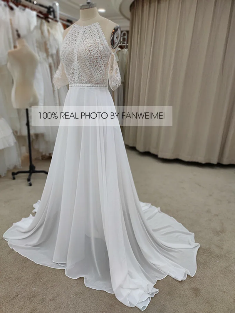 100% foto reali 2020 nuovo Design staccabile manica corta collo alto A-Line Chiffon abiti da sposa estivi all'ingrosso