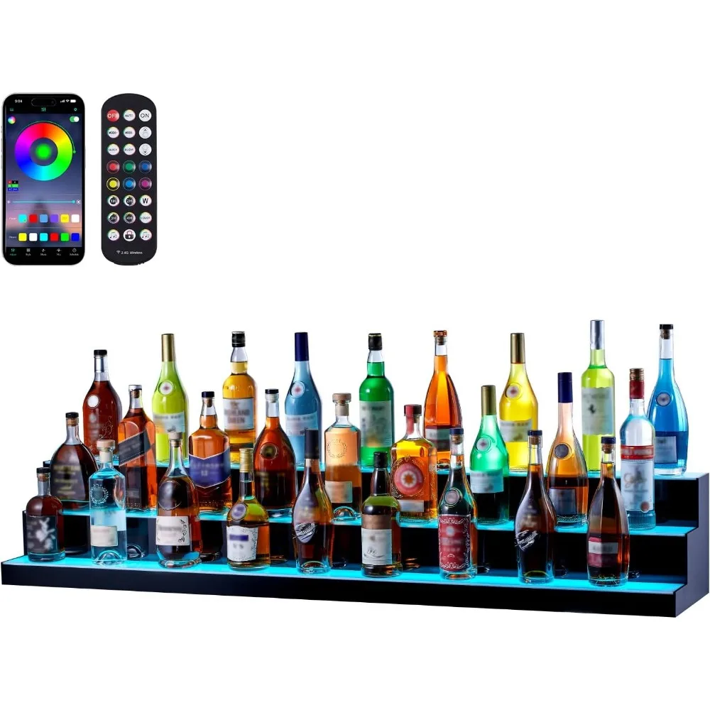 

LED Lighted Liquor Bottle Display, 3 Tiers, Supports USB, Illuminated Home Bar Shelf with RF Remote, Bar & Wine Cabinets