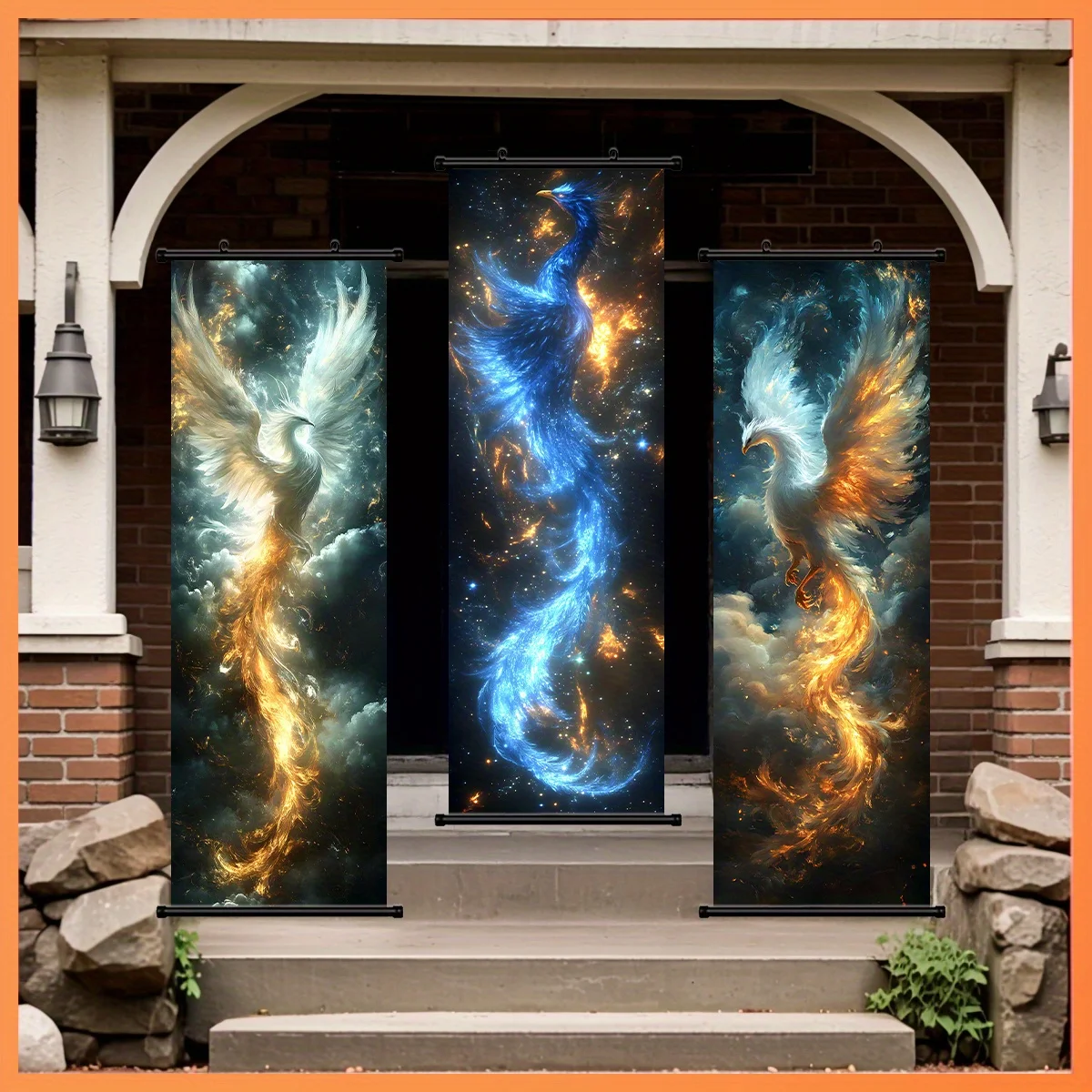 VIKAMA Nebula Ice Fire Phoenix Divine Beast Scroll Tapestry, High Definition Fade Resistant Wall Scroll for Fantasy Room Decor