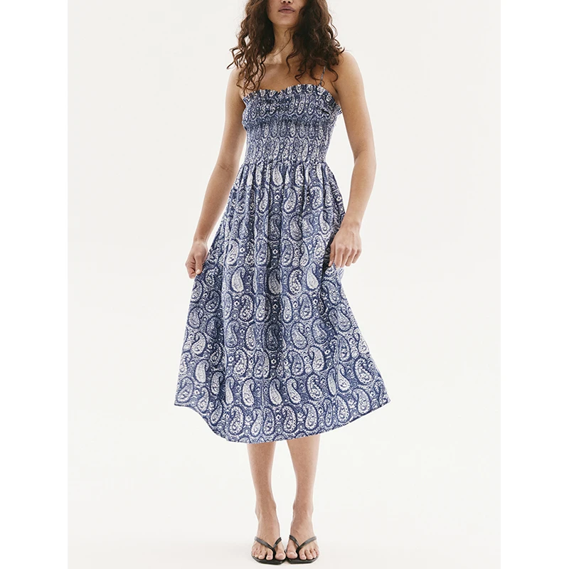 فستان نسائي صيفي بياقة على شكل قلب، فستان متوسط الطول بدون أكتاف، فستان كاجوال بخصر مرتفع من ألياف البوليستر