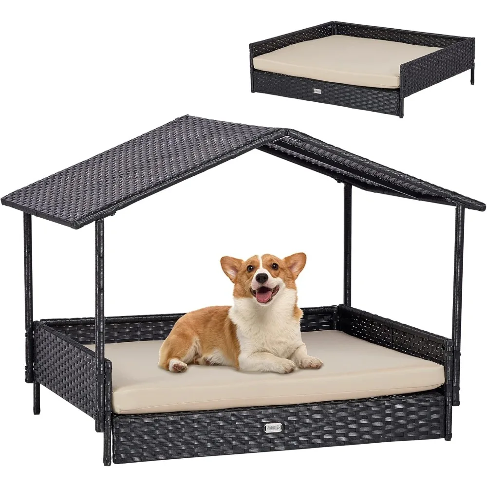 

NATURAL EXPRESSIONS 2-in-1 Wicker Dog House,Elevated Bed for Indoor/Outdoor with Removable Canopy,Large Dog House