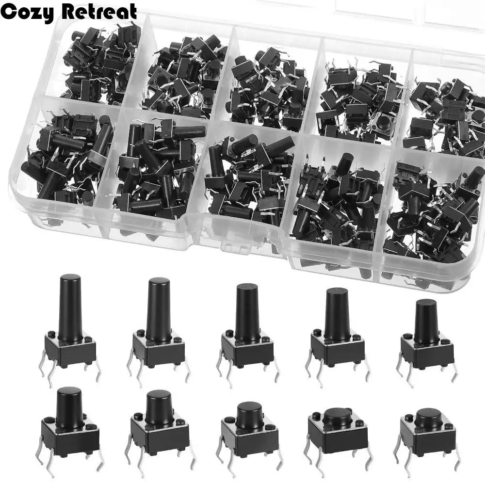 200pcs 6*6 Size Key Switch Kit 4 Feet Tactile Tact Push Button Switch 12V Mixed Touch Buttons Micro Switch Electronic Projects