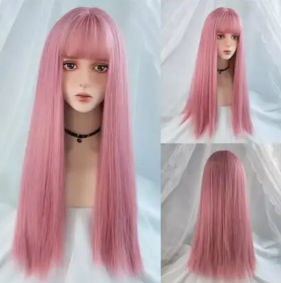 Synthetic Cosplay Lolita Wigs With Cut Bang Blue Pink Blonde Red Long Straight Hair For Party Lady Girl